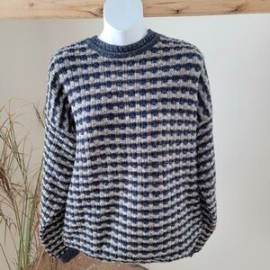 Vintage Bugle Boy Navy and Beige Checkered Crewneck Sweater XL